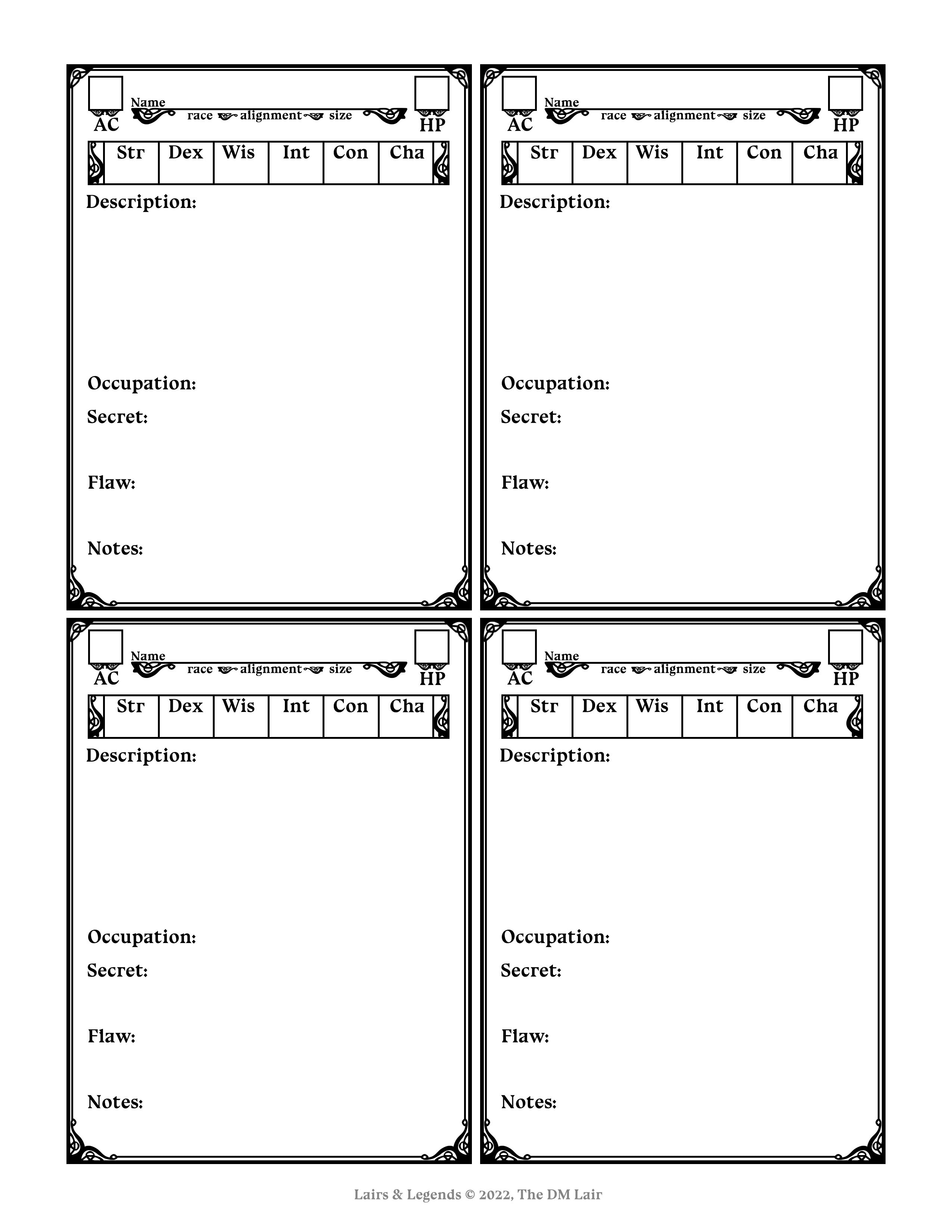 Lairs & Legends Custom Character Sheets and NPC Cards The DM Lair